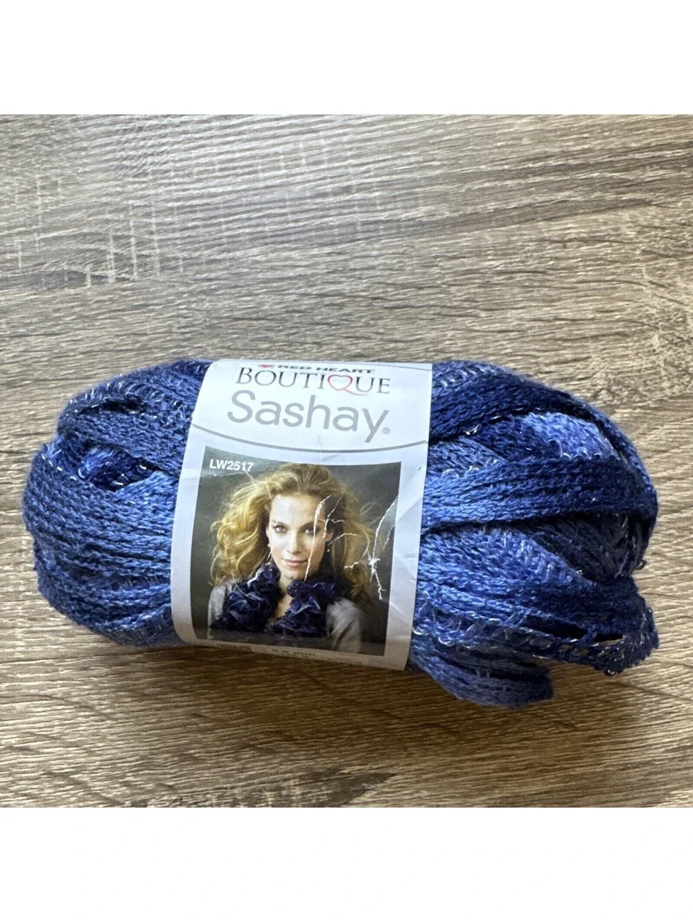 One Skein Red Heart Boutique Sashay Yarn Rumba Blue Shades with Silver Mettalic